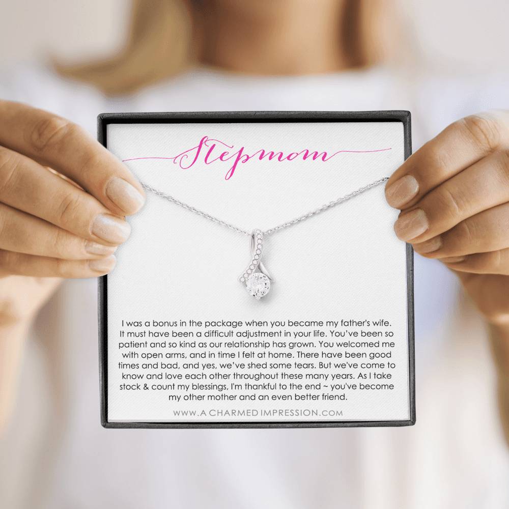 Bonus Mom Gift Necklace, Present for Stepmom for Mother's Day, Christmas, Birthday, Symbolic Ribbon Setting - Alluring Beauty
