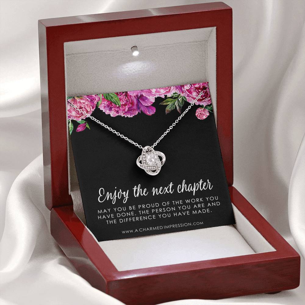 Retirement Gifts for Women, Enjoy the Next Chapter New Job, Promotion, Service Appreciation, Retirement Gift for Her, CZ Love Knot Necklace
